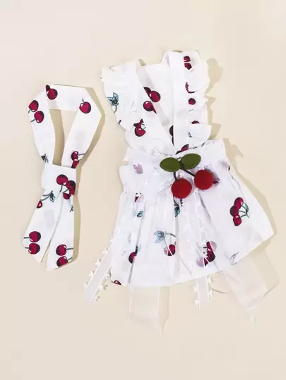 1入組櫻桃圖案寵物連衣裙和1入組系帶