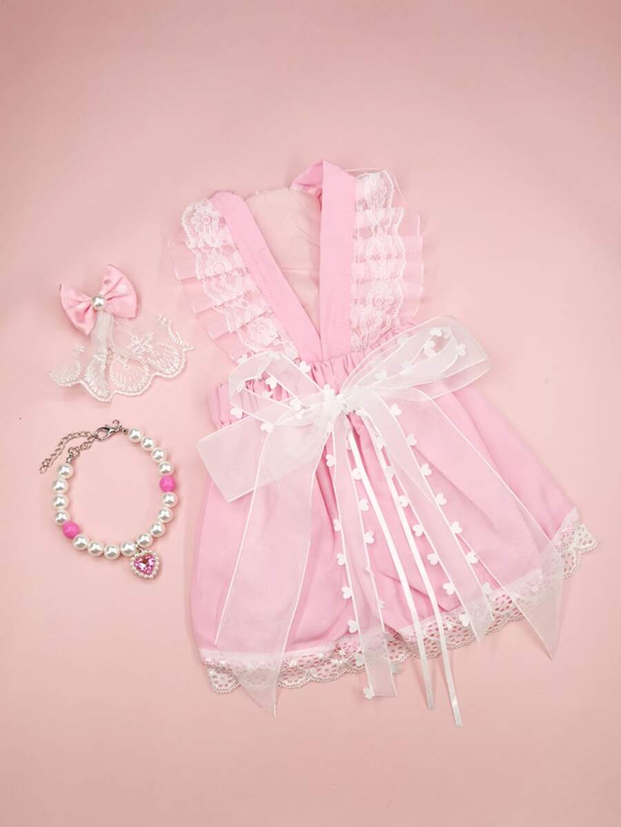 1 pieza Vestido de mascota con diseño de lazo & 1 pieza Collar para mascotas & 1 pieza Pinza de pelo para mascotas