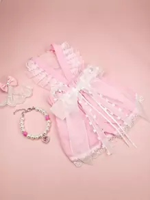 1 pieza Vestido de mascota con diseño de lazo & 1 pieza Collar para mascotas & 1 pieza Pinza de pelo para mascotas