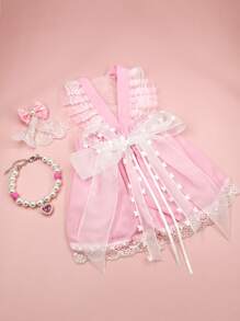 1 pieza Vestido de mascota con diseño de lazo & 1 pieza Collar para mascotas & 1 pieza Pinza de pelo para mascotas