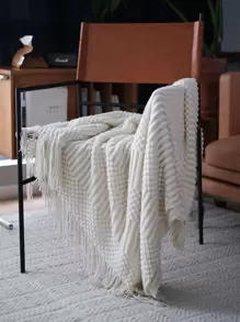 1 chiếc chăn đan màu trơn phong cách cổ điển có tua rua, vỏ bọc ghế sofa mềm mại và ấm áp, chăn trải giường mọi mùa, phụ kiện trang trí phòng khách và phòng ngủ - Màu be - Xem 1