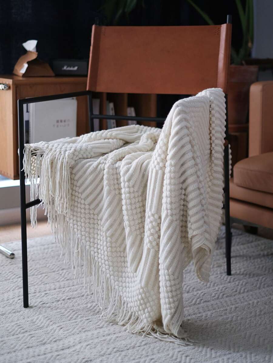 1 chiếc chăn đan màu trơn phong cách cổ điển có tua rua, vỏ bọc ghế sofa mềm mại và ấm áp, chăn trải giường mọi mùa, phụ kiện trang trí phòng khách và phòng ngủ - Màu be - Xem 1