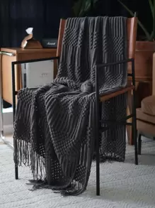 1 件复古风格纯色针织毛毯带流苏、柔软温暖的沙发套、四季床罩、客厅和卧室装饰配件 - 黑色 - 查看 3