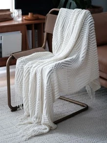 1 chiếc chăn đan màu trơn phong cách cổ điển có tua rua, vỏ bọc ghế sofa mềm mại và ấm áp, chăn trải giường mọi mùa, phụ kiện trang trí phòng khách và phòng ngủ - Màu be - Xem 4