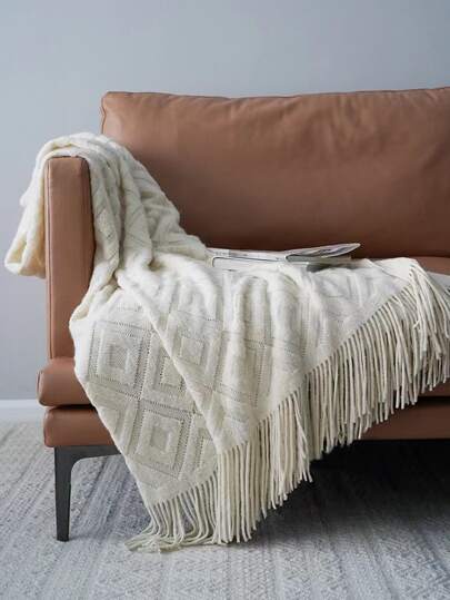 Manta de punto de unicolor estilo vintage con flecos, suave y cálida funda de sofá, cobertor para todas las estaciones, accesorio de decoración para sala de estar y dormitorio