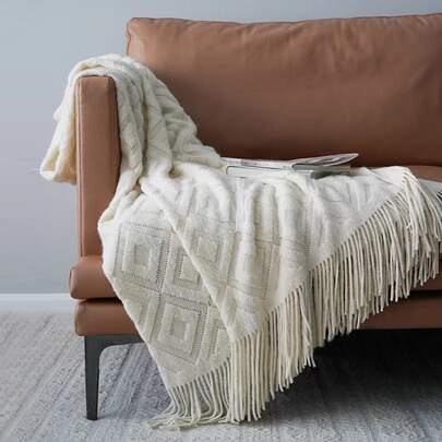 Chăn đan trơn màu phong cách cổ điển có tua rua, vỏ bọc ghế sofa mềm mại và ấm áp, chăn trải giường bốn mùa, phụ kiện trang trí cho phòng khách và phòng ngủ