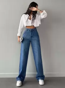 EURMUSE Cat's Whisker Washed Straight Leg Jeans - Rửa tối - Xem 3