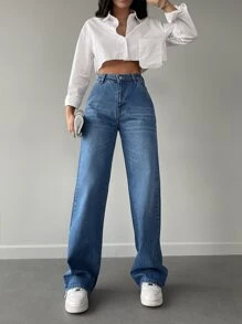EURMUSE Cat's Whisker Washed Straight Leg Jeans - Rửa tối - Xem 4