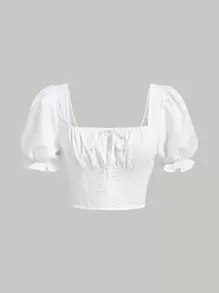 SHEIN MOD Blusa corta con cuello cuadrado, busto fruncido y mangas abullonadas - Blanco - Ver 1