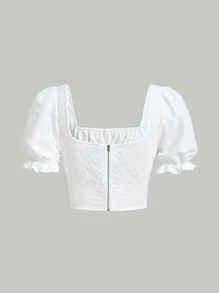 SHEIN MOD Blusa corta con cuello cuadrado, busto fruncido y mangas abullonadas - Blanco - Ver 4
