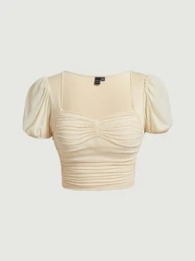 SHEIN MOD Top crop de manga farol fruncido - Albaricoque - Ver 1