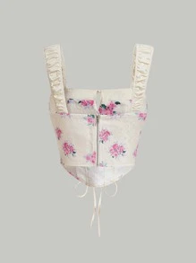 SHEIN MOD Floral Print Lace Up Front Ruched Wide Straps Top - Beige - View 2