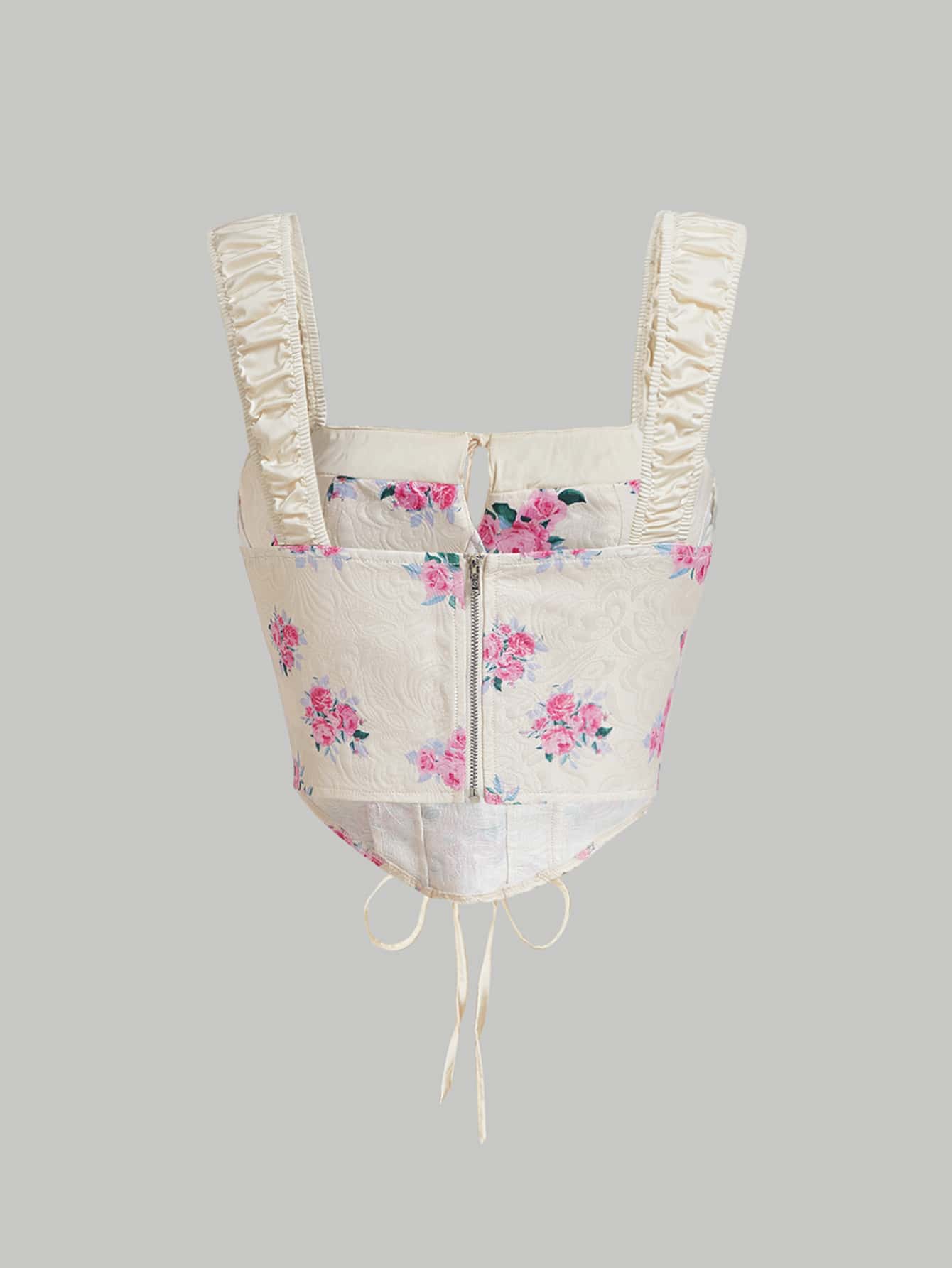 SHEIN MOD Floral Print Lace Up Front Ruched Wide Straps Top - Beige - View 2