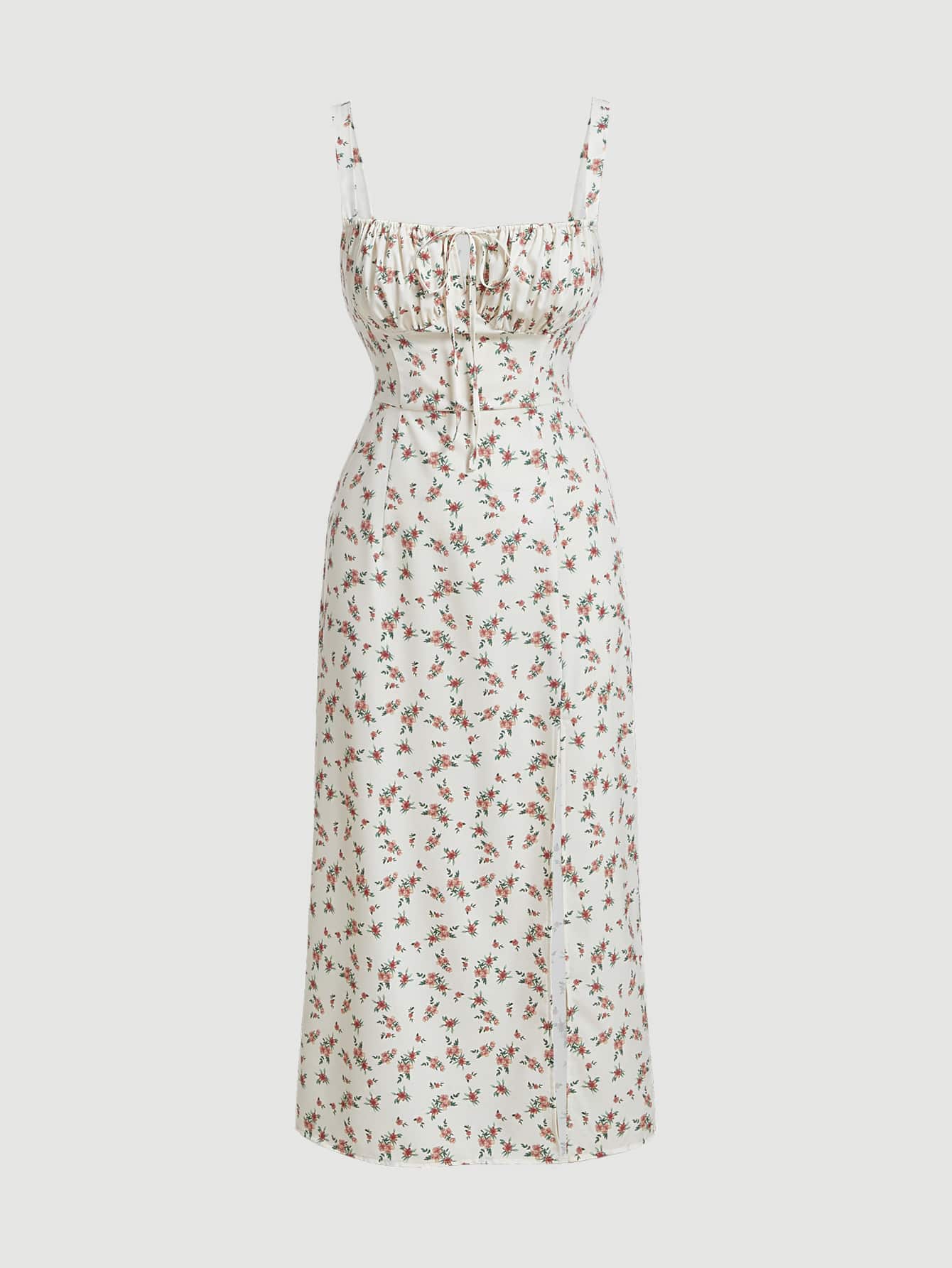 SHEIN MOD Ditsy Floral Ruched Bust Split Thigh Cami Dress - Multicolor - View 1