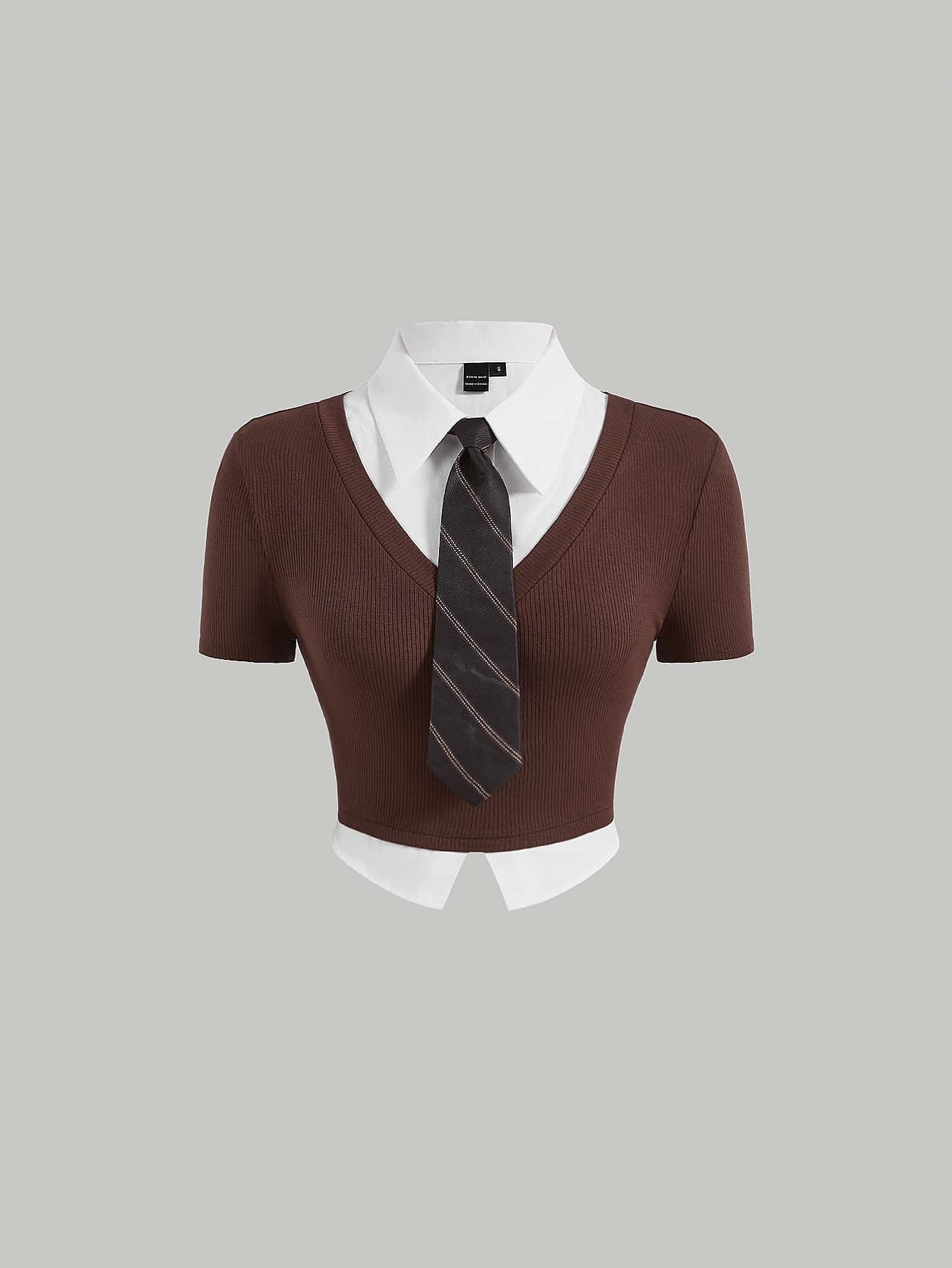 SHEIN MOD Camiseta 2 en 1 unicolor tejido de canalé con con cordón - Café integral - Ver 1