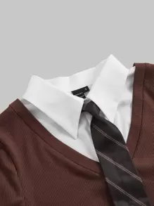 SHEIN MOD Camiseta 2 en 1 unicolor tejido de canalé con con cordón - Café integral - Ver 5