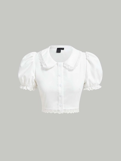 SHEIN MOD Lace Trim Puff Sleeve Crop Blouse,Short Sleeve Tops