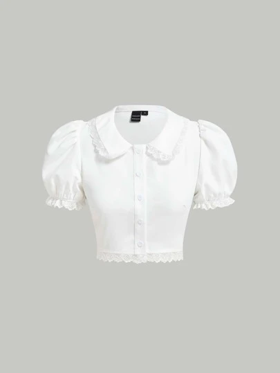 SHEIN MOD Lace Trim Puff Sleeve Crop Blouse,Short Sleeve Tops