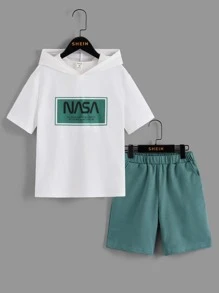 SHEIN 男孩標語圖案連帽T恤和短褲