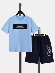 SHEIN Boys Slogan Graphic Tee & Shorts - Multicolor - View 1