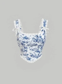 SHEIN MOD Floral Print Bow Front Lace Trim Wide Straps Top - Blue and White - View 1