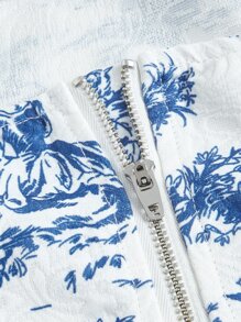 SHEIN MOD Floral Print Bow Front Lace Trim Wide Straps Top - Blue and White - View 3