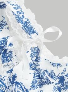SHEIN MOD Floral Print Bow Front Lace Trim Wide Straps Top - Blue and White - View 4