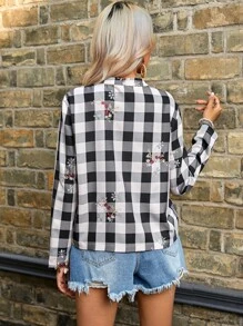 SHEIN LUNE Buffalo Plaid Print Button Front Shirt - Black and White - View 2