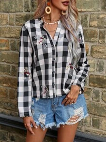 SHEIN LUNE Buffalo Plaid Print Button Front Shirt - Black and White - View 4