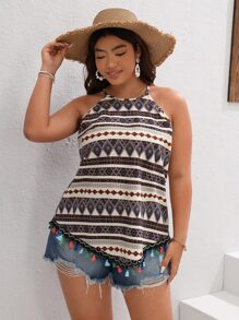 SHEIN VCAY Plus Geo Print Tassel Trim Halter Top - Multicolor - View 1