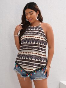 SHEIN VCAY Plus Geo Print Tassel Trim Halter Top - Multicolor - View 3