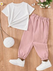 小女童人像圖案T恤和翻蓋口袋工裝褲 - 彩色 - 查看 2