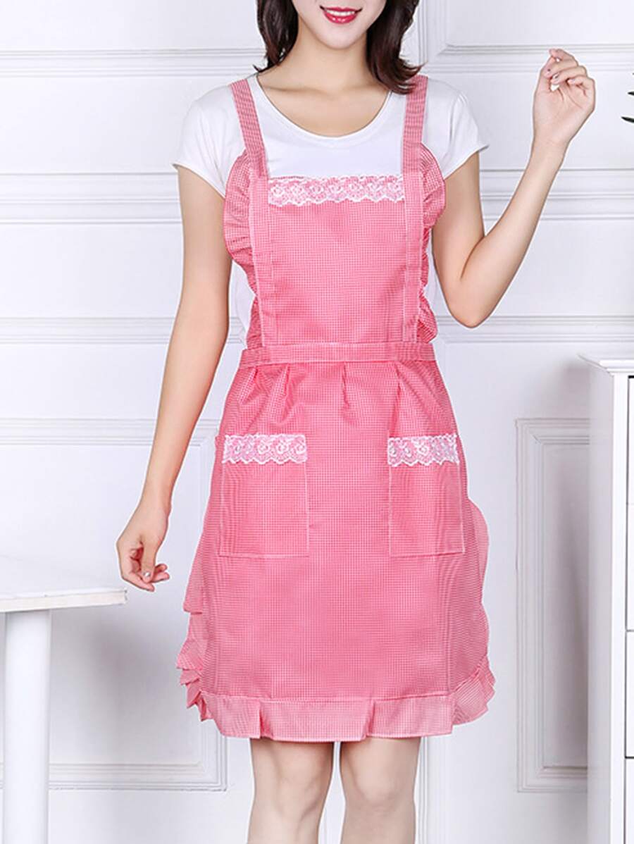 1pc Lace Trim Waterproof Apron - Pink - View 1