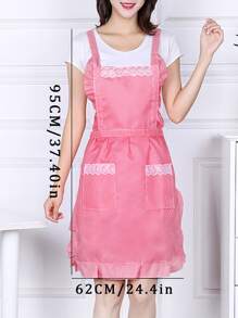 1pc Lace Trim Waterproof Apron - Pink - View 2