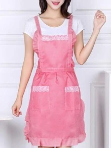 1pc Lace Trim Waterproof Apron - Pink - View 6