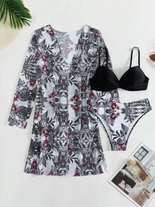 3packs Plant Print Summer Beach Bikini Set & Kimono - Multicolor - View 5