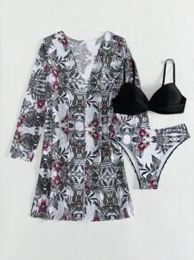 3packs Plant Print Summer Beach Bikini Set & Kimono - Multicolor - View 6