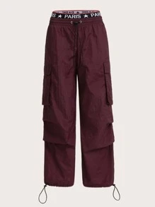 SHEIN ICON Gorpcore Letter Graphic Flap Pocket Drawstring Waist Parachute Trousers - Purple - View 1
