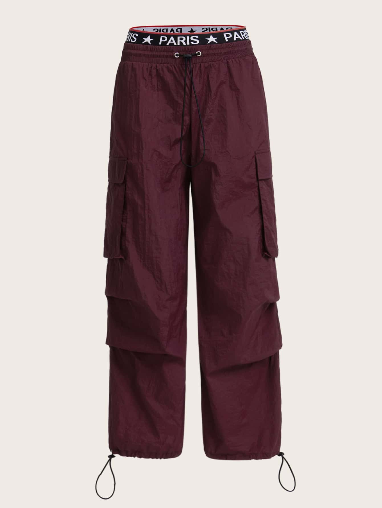 SHEIN ICON Gorpcore Letter Graphic Flap Pocket Drawstring Waist Parachute Trousers - Purple - View 1