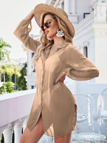 Plain Slit Thigh Kimono - Khaki - View 5