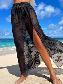 Tropical Print Split Thigh Cover Up Skirt - Black - View 3