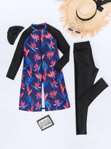 3packs Tropical Print High Neck Rashguard & Swim Cap Summer Beach - Multicolor - View 3