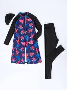 3packs Tropical Print High Neck Rashguard & Swim Cap Summer Beach - Multicolor - View 4