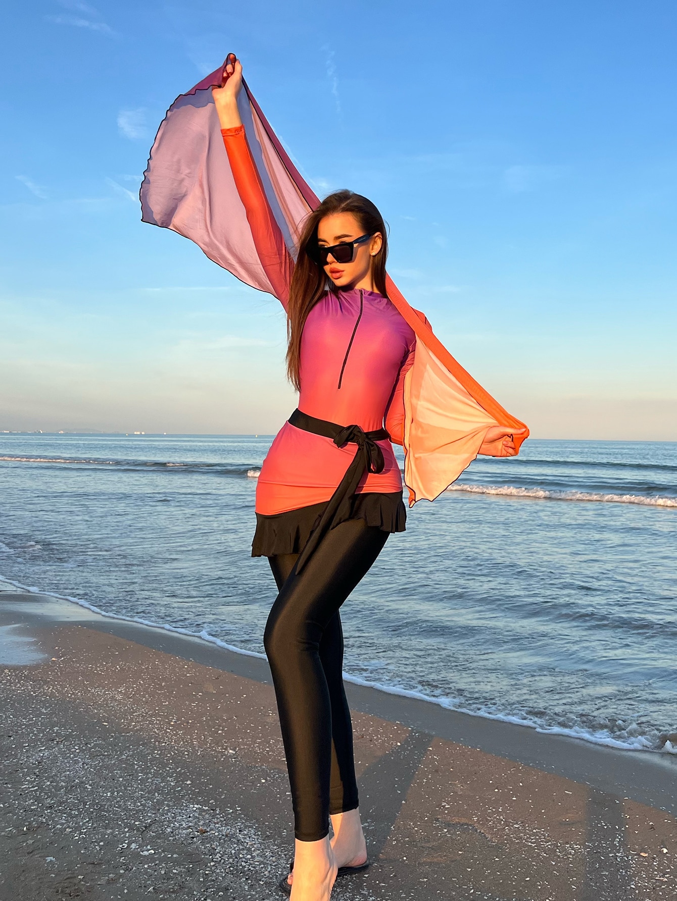 SHEIN Swim Mulvari Ombre Ruffle Hem Burkini One Piece Swimsuit & Beach Skirt & Headband