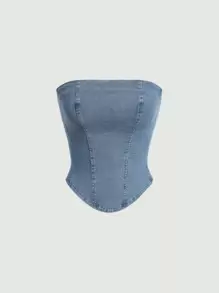 SHEIN MOD Hanky Hem Lace Up Backless Tube Denim Top - Light Wash - View 1