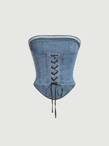 SHEIN MOD Hanky Hem Lace Up Backless Tube Denim Top - Light Wash - View 2