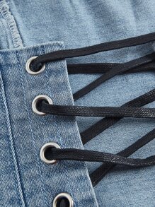 SHEIN MOD Hanky Hem Lace Up Backless Tube Denim Top - Light Wash - View 4