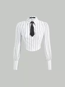 SHEIN MOD Striped Tie Neck Crop Shirt - White - View 1