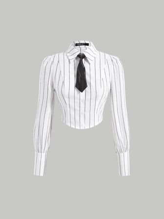 SHEIN MOD Striped Tie Neck Crop Shirt