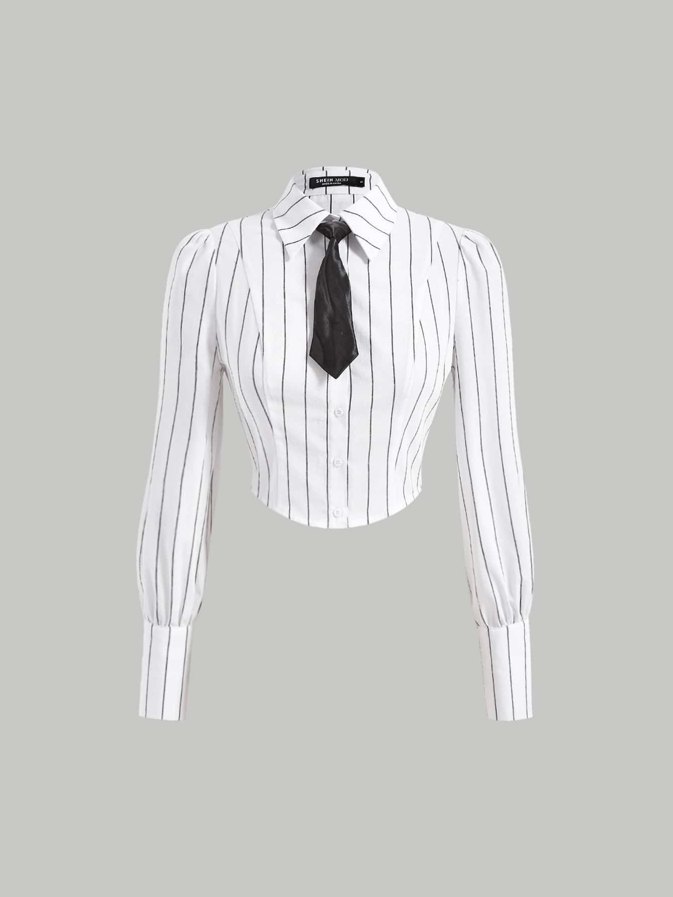 SHEIN MOD Striped Tie Neck Crop Shirt - White - View 1
